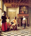 eine Frau trinkt mit zwei Männern und einer Serving Frau genre Pieter de Hooch